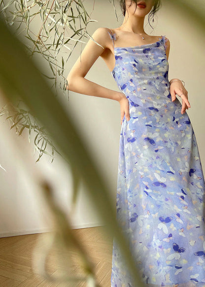 Blue Print Slim Fit Chiffon Holiday Spaghetti Strap Dress Summer