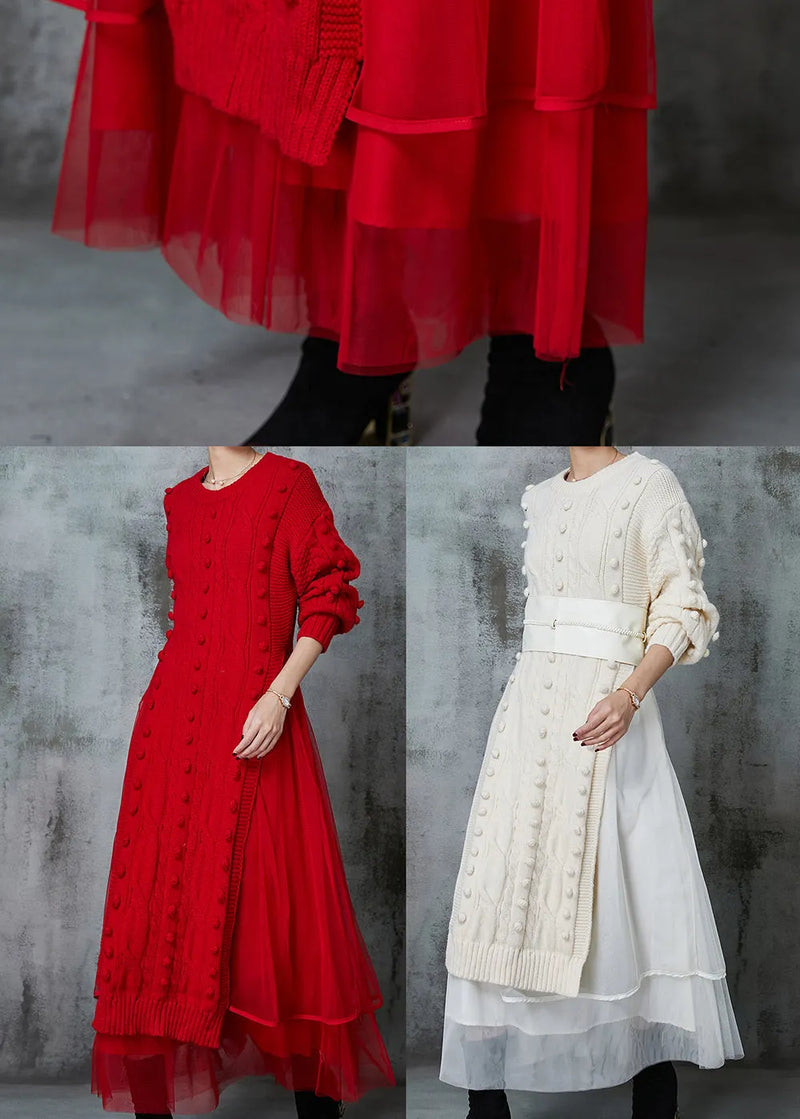 Red Fuzzy Ball Decorated Knit Dress Two Piece Suit Set Spring
