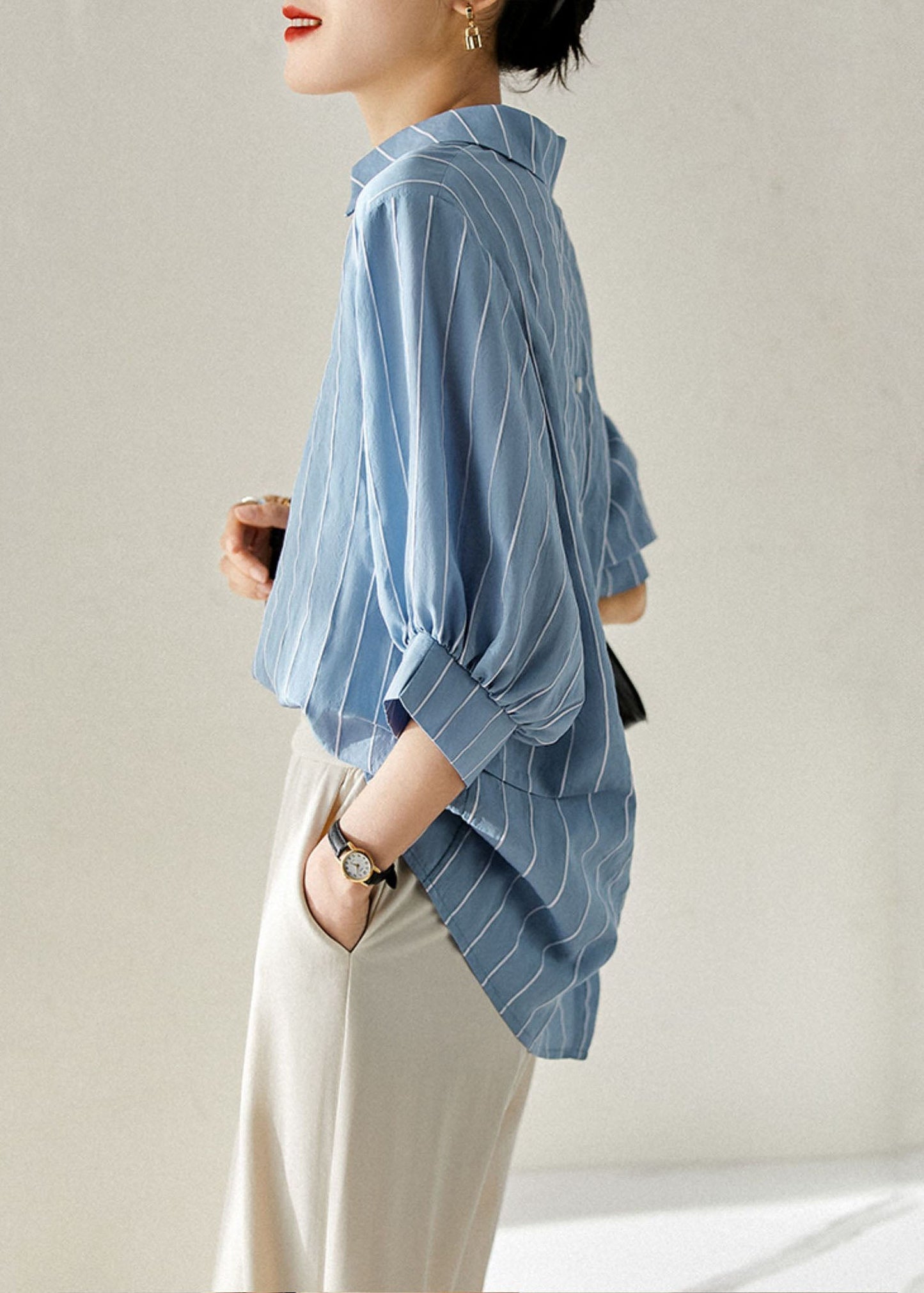 Diy Blue Striped Peter Pan Collar Patchwork Silk Shirt Top Summer