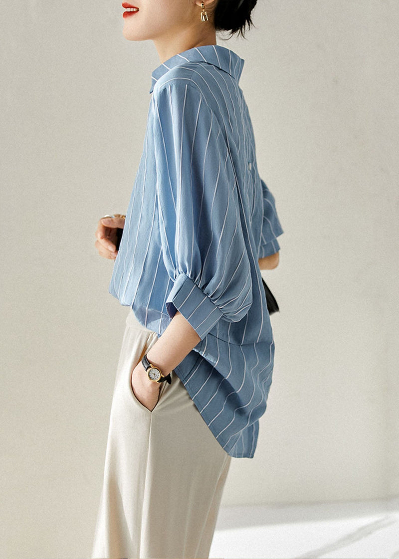 Diy Blue Striped Peter Pan Collar Patchwork Silk Shirt Top Summer