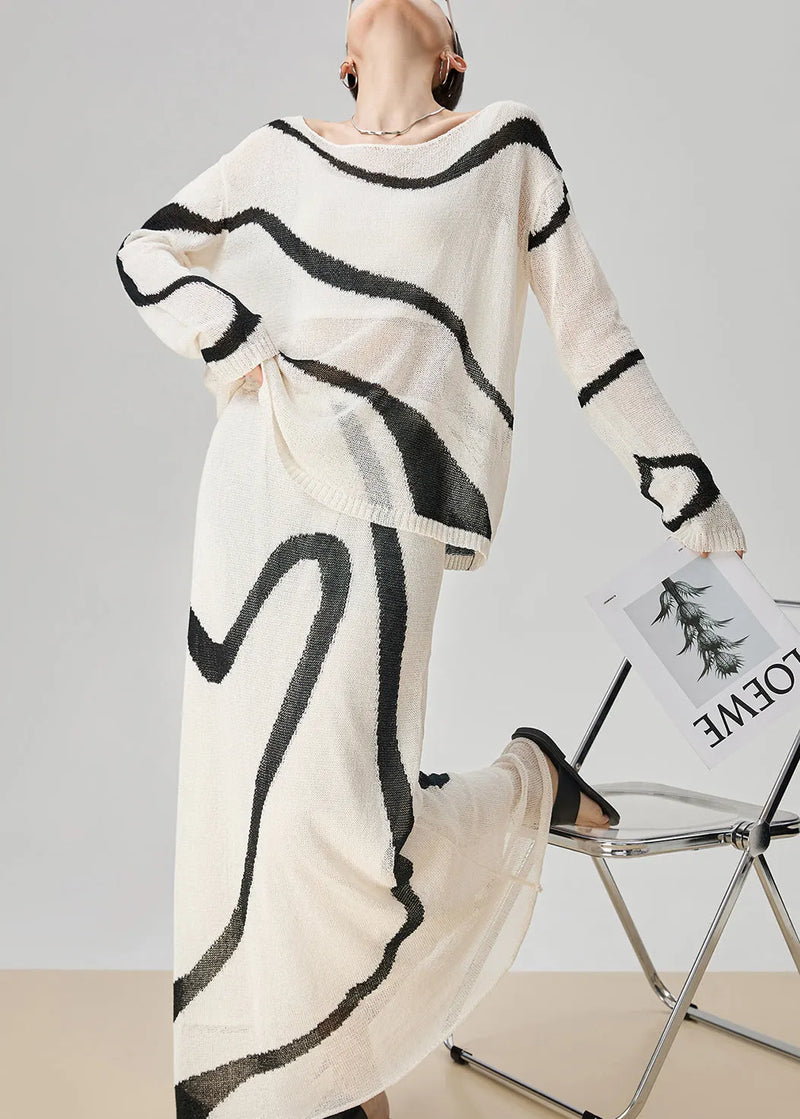 Boutique White Striped Tops and Skirts Knit Two Pieces Set Fall
