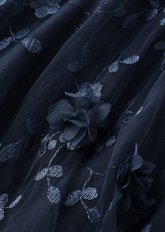 Black Embroideried Elastic Waist Tulle a Line Skirts Spring