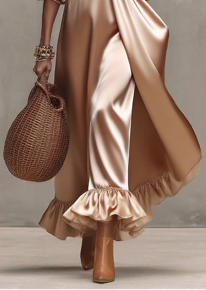 Italian Nude Exra Large Hem Draping Silk Dress Lantern Sleeve