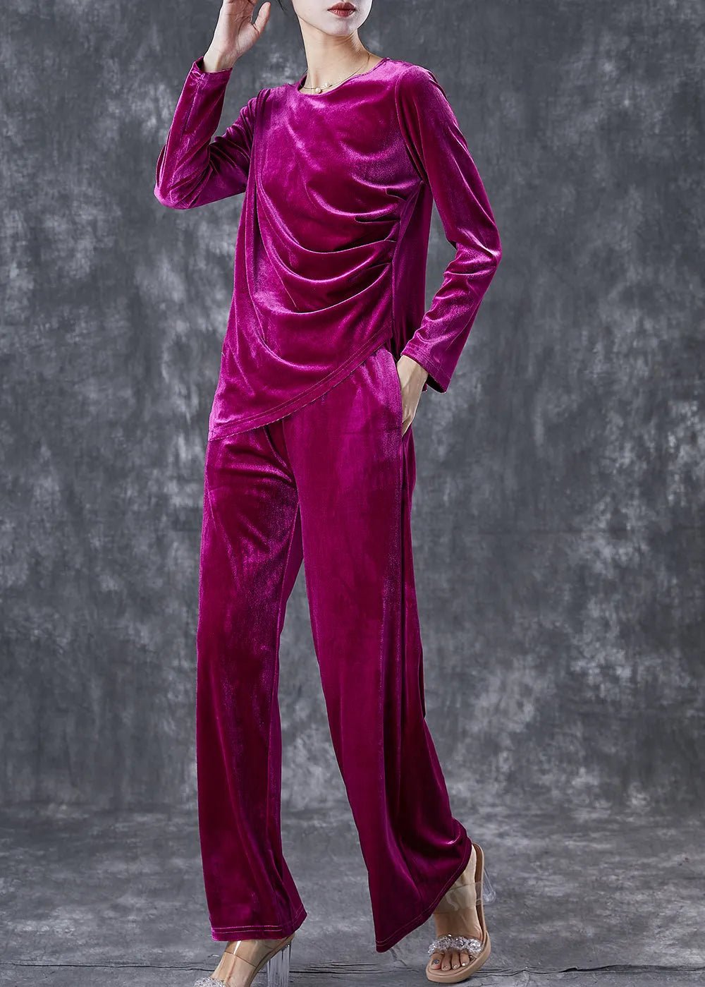 French Purple Asymmetrical Wrinkled Silk Velour Sets 2 Pieces Fall