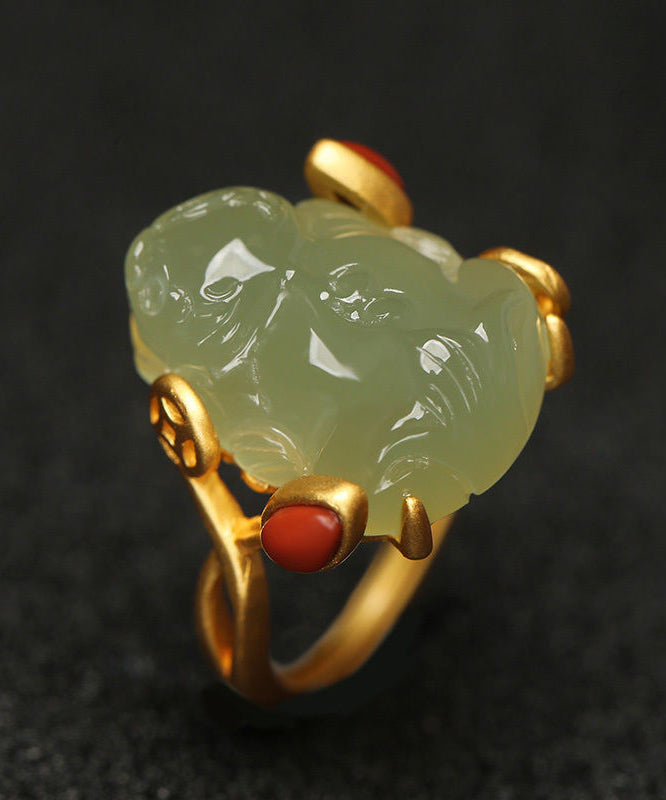 Classy Green Sterling Silver Overgild Jade a Mythical Wild Animal Rings