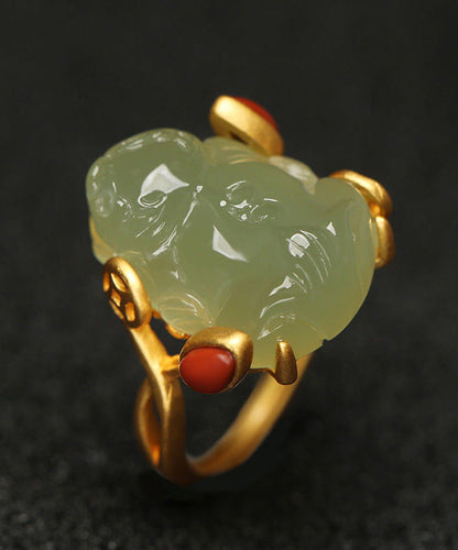 Classy Green Sterling Silver Overgild Jade a Mythical Wild Animal Rings