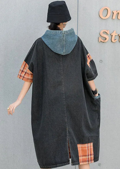 Blue Hooded Patchwork Plaid Pockets Fall Denim Dresses Half Sleeve