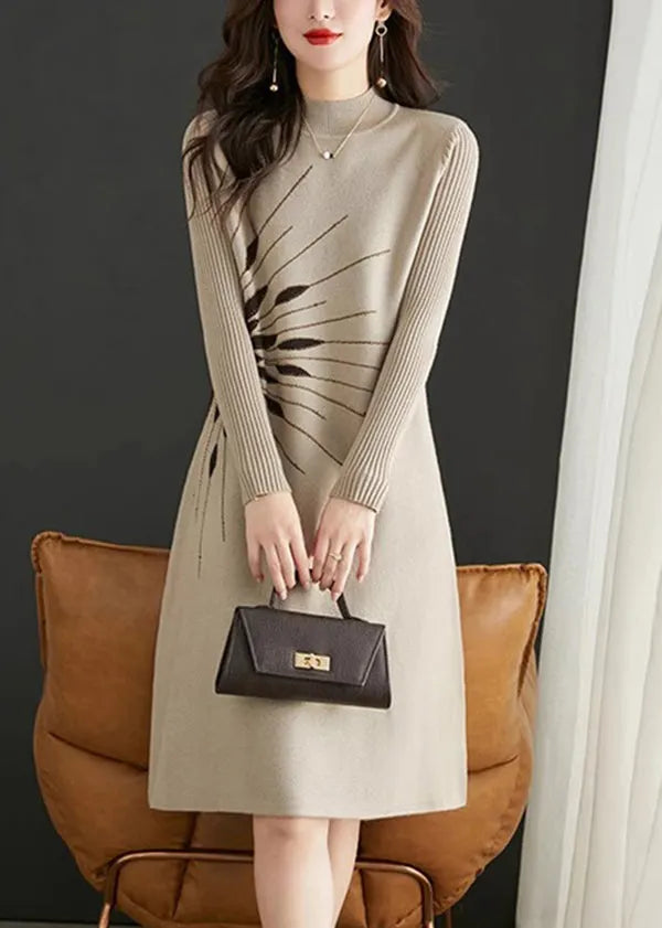 Italian Apricot O Neck Jacquard Zircon Patchwork Knit Dress Fall
