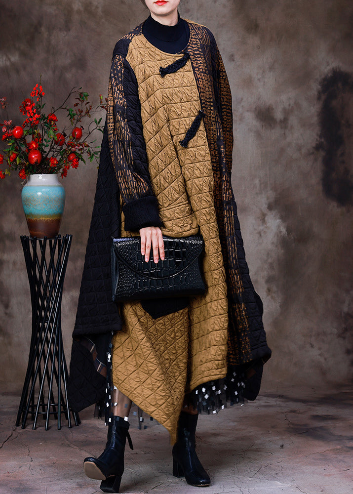 Yellow Patchwork Black Asymmetrical O-neck Thick Maxi Coat Long Sleeve