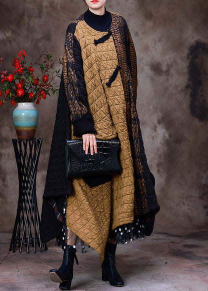 Yellow Patchwork Black Asymmetrical O-neck Thick Maxi Coat Long Sleeve