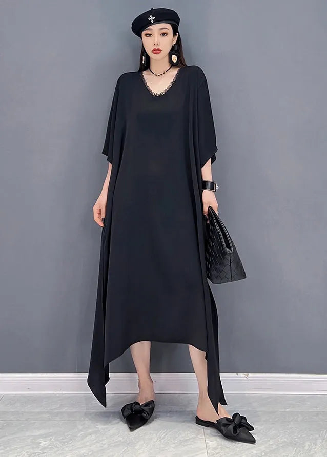 Unique Black V Neck Side Open Chiffon Long Dress and Sequins Long Smock Two Pieces Set Summer