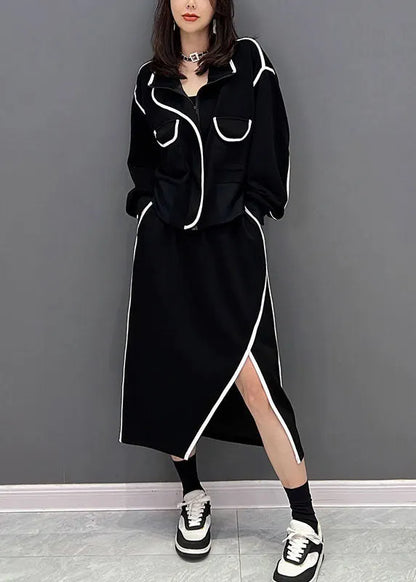 Classy Black Zip Up Side Open Cotton Two-piece Set Fall