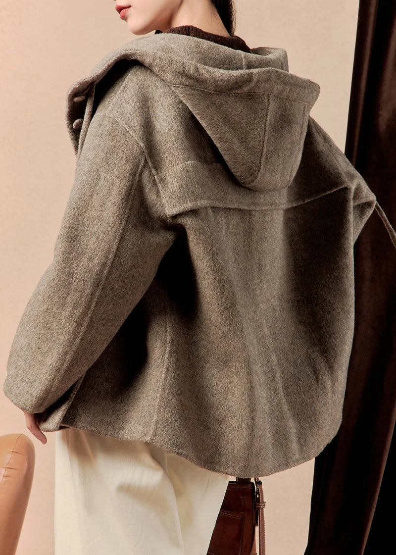 Loose Smoky Gray Hooded Button Pockets Woolen Coat Winter