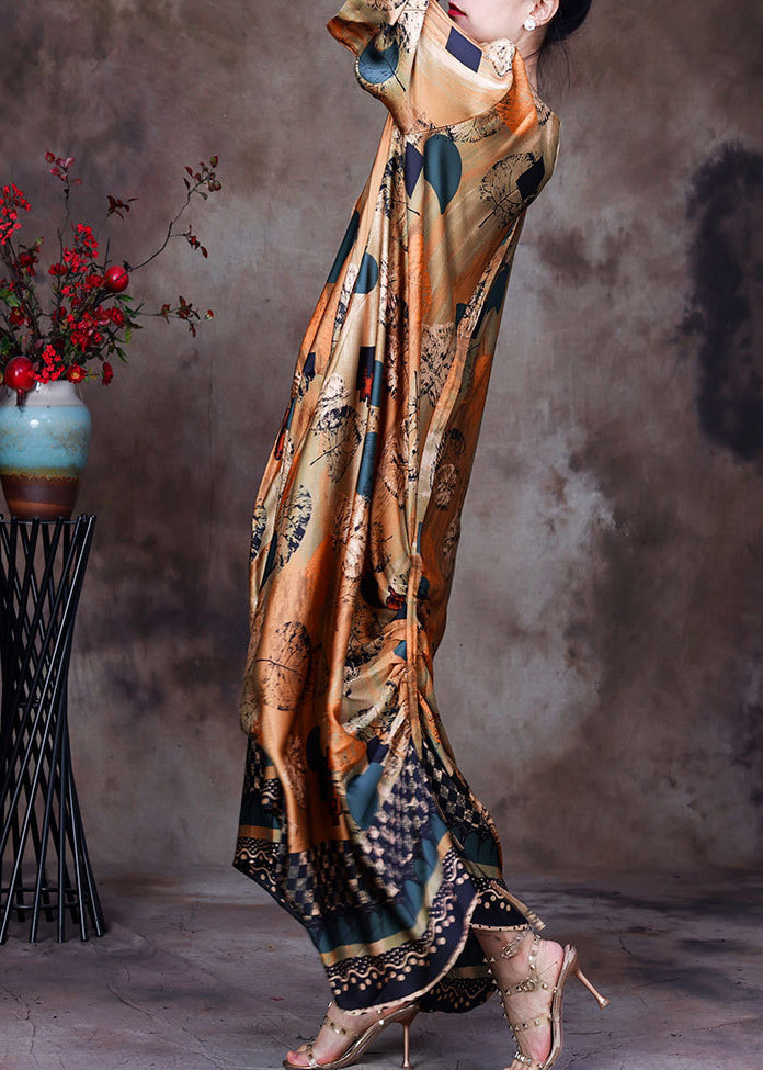 Style Yellow O-neck Wrinkled Print Silk Long Dress Half Sleeve