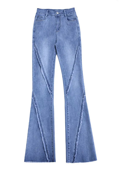 Navy Tassel Pockets Patchwork Denim Flared Trousers Fall