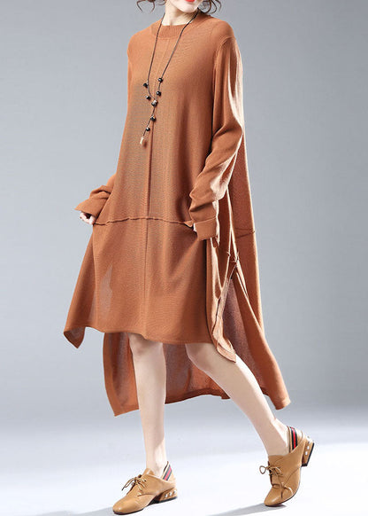 Simple Caramel O Neck Low High Design Patchwork Knit Knitwear Dress Spring