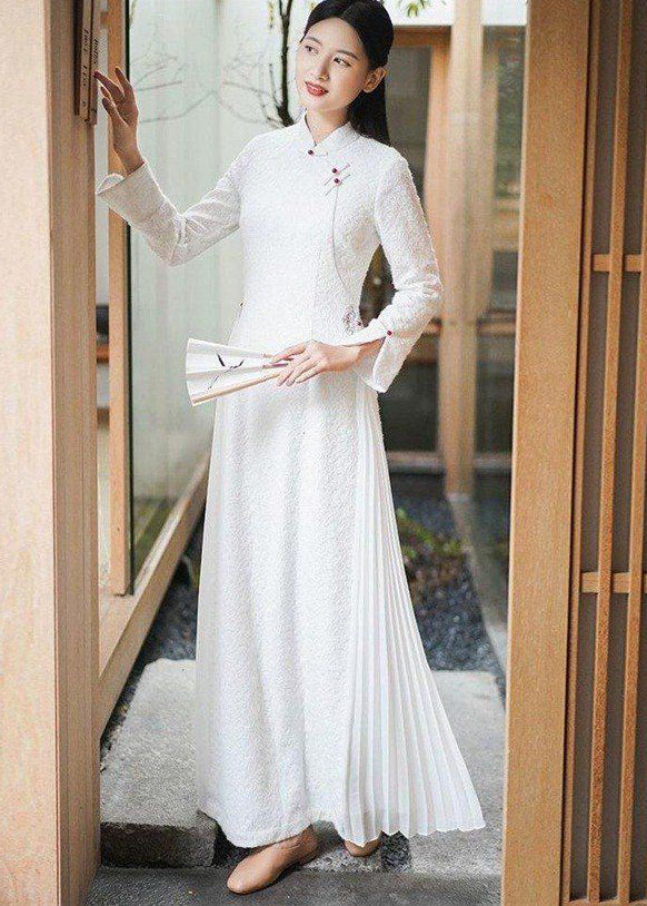 Diy White Stand Collar Patchwork Wrinkled Button Cotton Maxi Dresses Long Sleeve