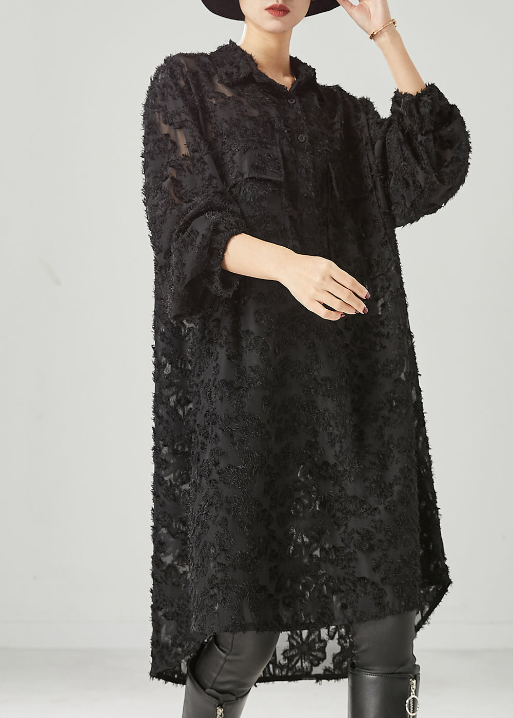 Black Tasseled Pockets Cotton Shirt Dress Spring