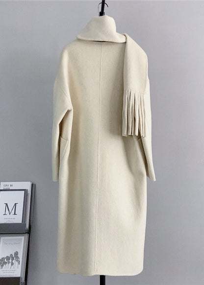 White V Neck Pockets Scarf Woolen Coat Winter