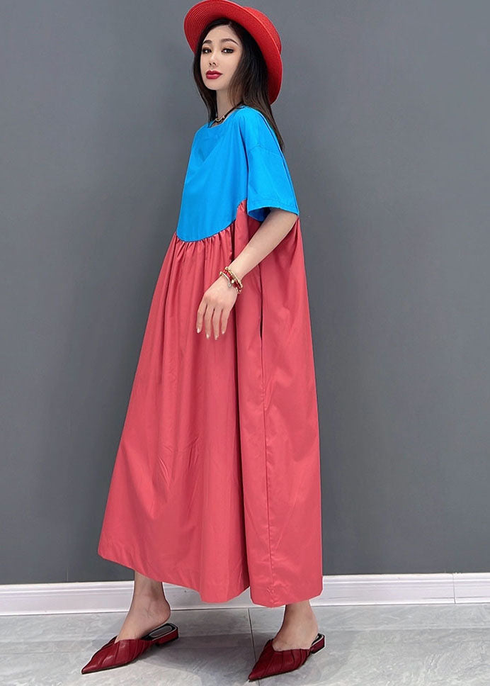 Simple Blue Red Oversized Patchwork Cotton a Line Dress Short Sleeve