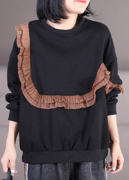 Coffee O-neck Ruffled Patchwork Cotton Sweatshirts Fall