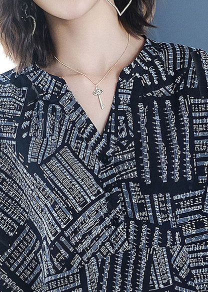 Black V Neck Print Chiffon Shirt Top Bracelet Sleeve