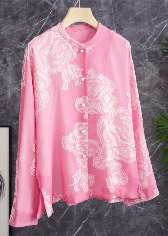 Pink O Neck Button Print Silk Shirt Long Sleeve