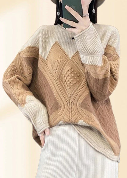 Green O-neck Plaid Cotton Knit Sweaters Fall