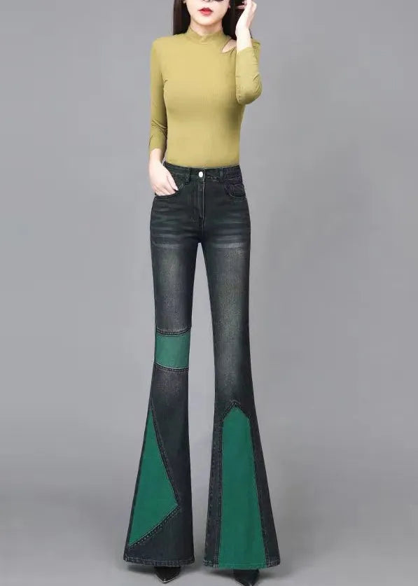 Green Asymmetrical Patchwork Denim Flare Bottoms Spring