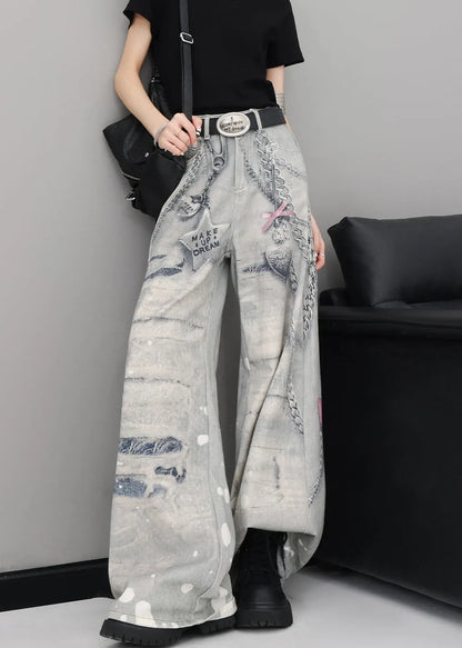 Original Design Print High Waist Denim Wide Leg Pants Fall