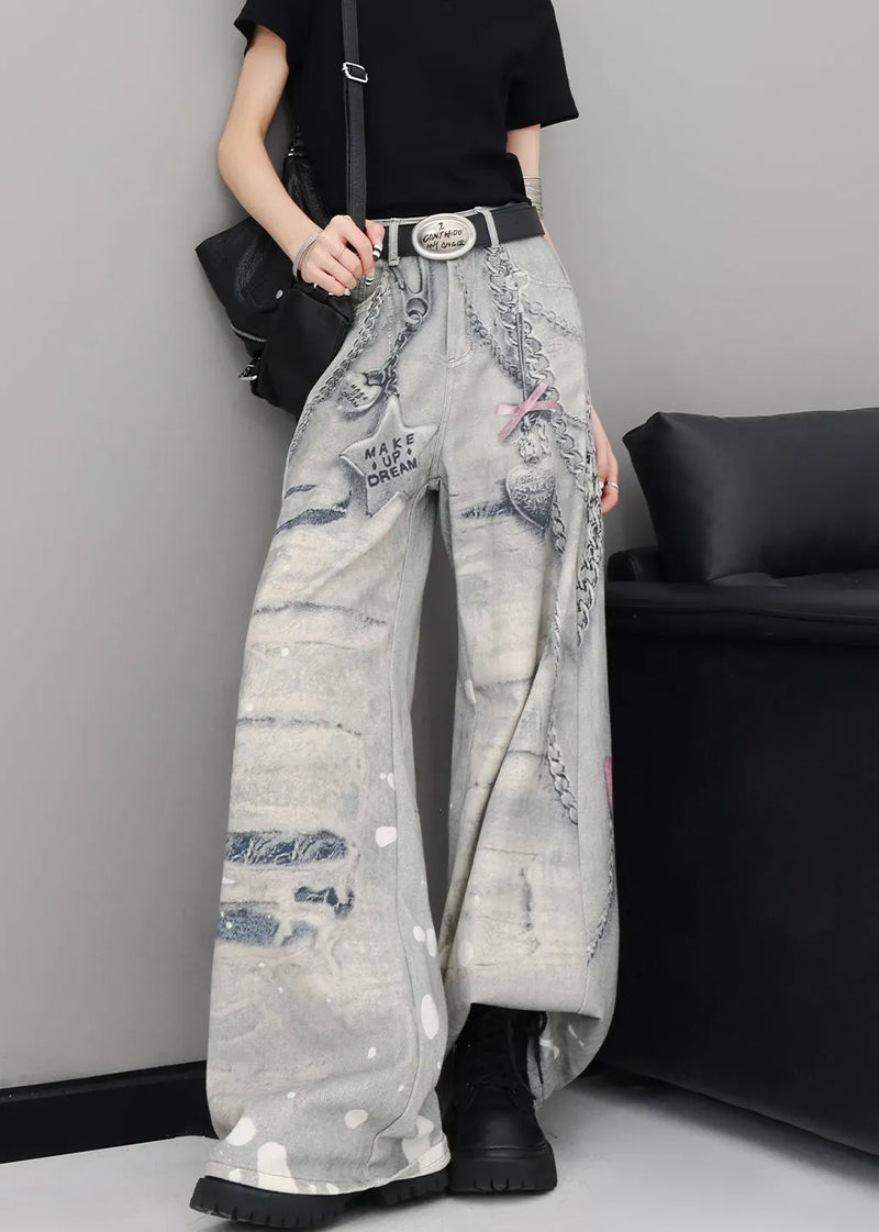 Original Design Print High Waist Denim Wide Leg Pants Fall