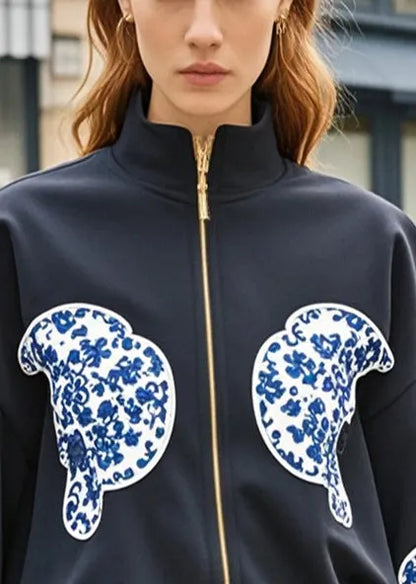 Black Zip Up Patchwork Print Cotton Coat Fall