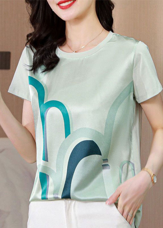 White O-neck Original Design Print Silk Tops Summer