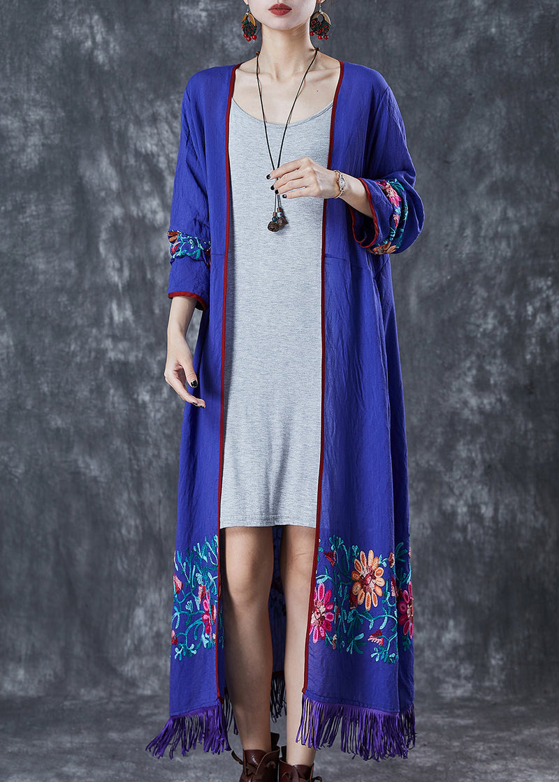 Blue Tasseled Embroidered Cotton Cardigan Fall