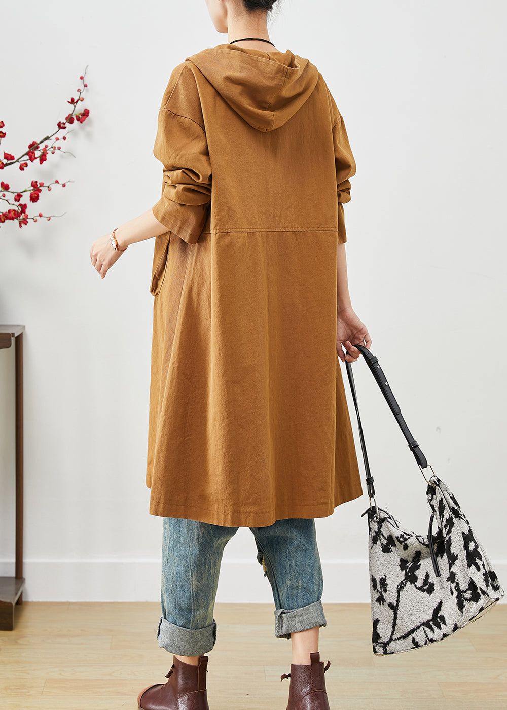 Orange Hooded Pockets Cotton Coat Outwear Spring