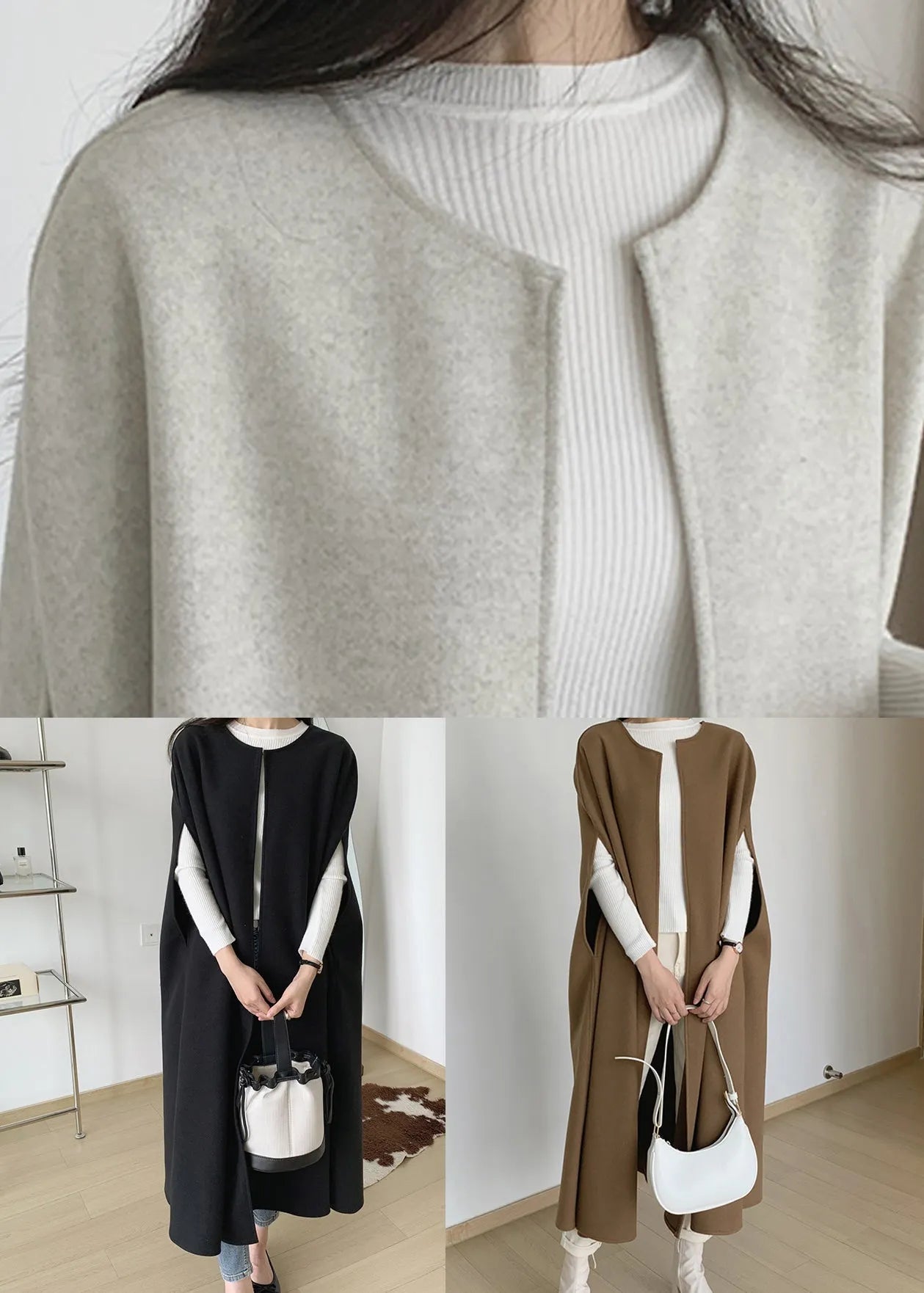 French Black O Neck Cozy Woolen Waistcoat Batwing Sleeve