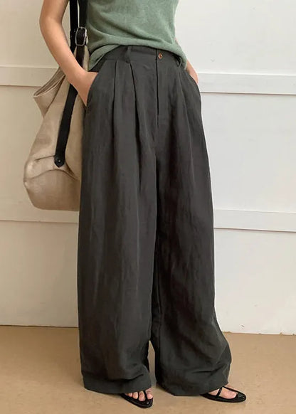 Tea Green Elastic Waist Cotton Straight Pants Spring