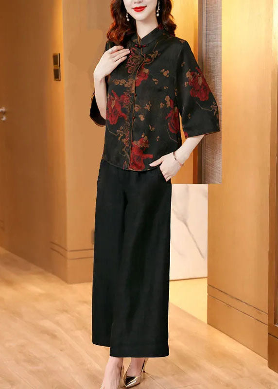 Fine Black Stand Collar Print Silk Two Piece Set Clothing Half Sleeve