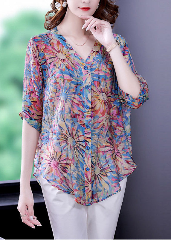 Blue V Neck Button Print Chiffon Shirt Top Half Sleeve