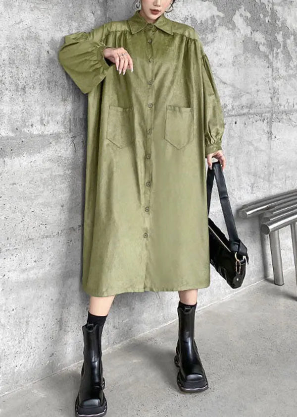 Green Peter Pan Collar Patchwork Cotton Shirt Dress Spring