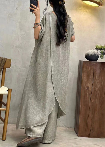 Art Grey Asymmetrical Patchwork Cotton Top Short Sleeve
