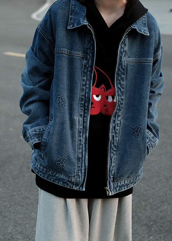 Classy Denim Blue Stand Collar Patchwork Pockets Coats Fall