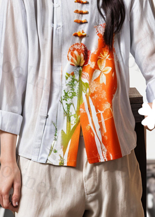 Beige Stand Collar Button Print Cotton Shirts Fall
