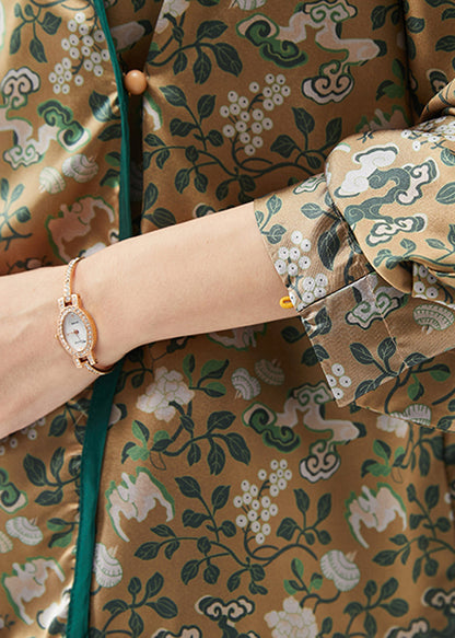 Simple Green Oversized Print Draping Silk Shirts Spring