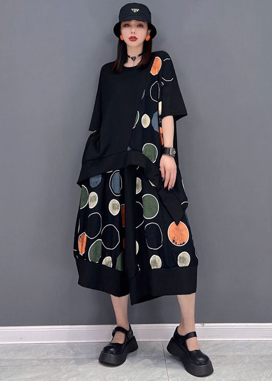 Black Asymmetrical Patchwork Dot Print Cotton Sets 2 Pieces Summer