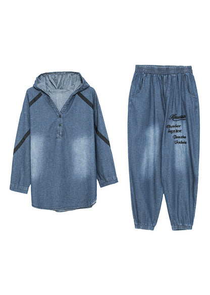 Blue Embroideried Cotton Hooded Coats and Pants Two Pieces Set Fall