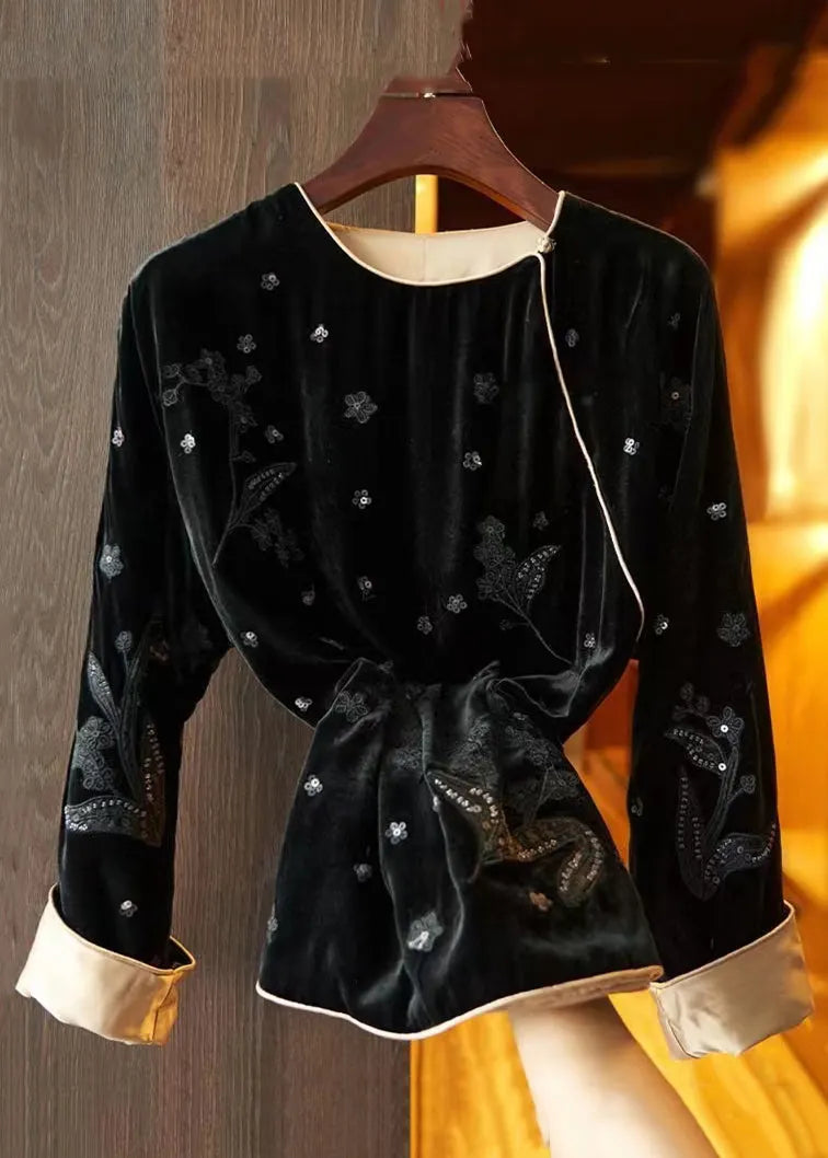 Loose Black Embroideried Side Open Silk Velour Top Fall