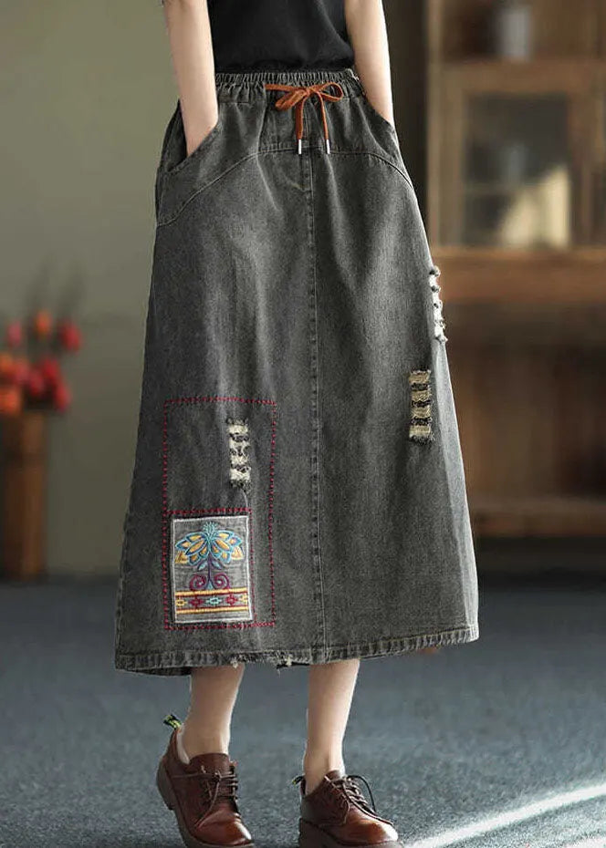 Black Side Open Embroideried Pockets Cotton Denim Ripped Skirt Summer