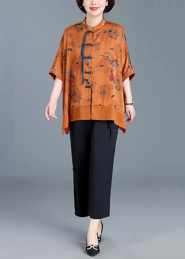Yellow Stand Collar Button Patchwork Silk Two Pieces Set Half Sleeve