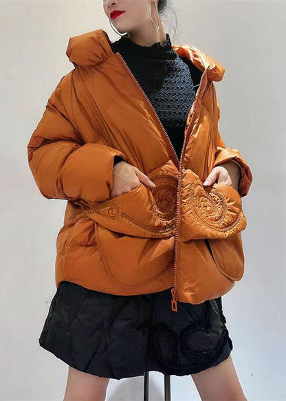Orange Zip Up Pockets Patchwork Duck Down Down Coats Winter